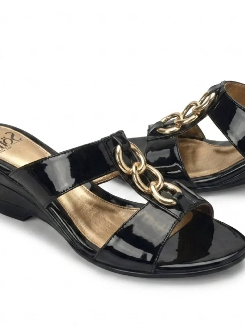 Like New Sofft Black Patent Leather Gold Ring Wedge Slide Sandals Size 8
